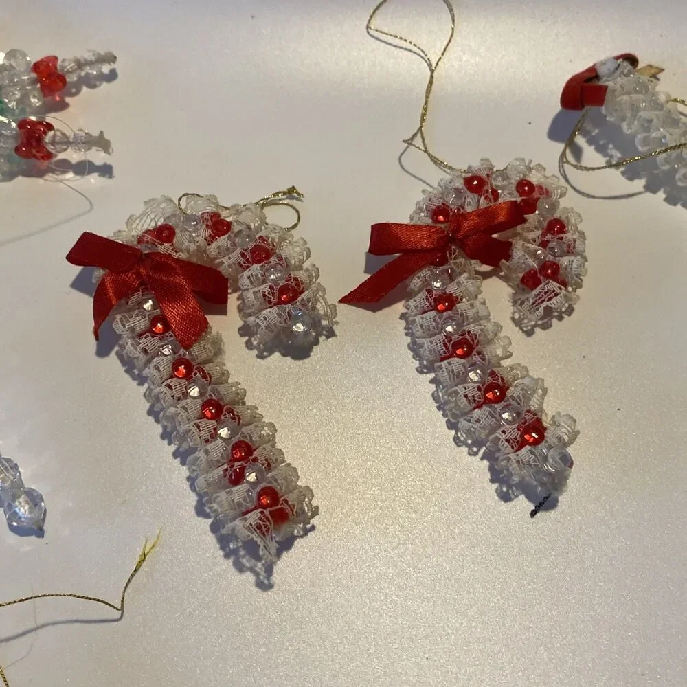 10 Vintage Handmade Plastic Beaded Wire Christmas Ornament Lot Angel Snowflake
